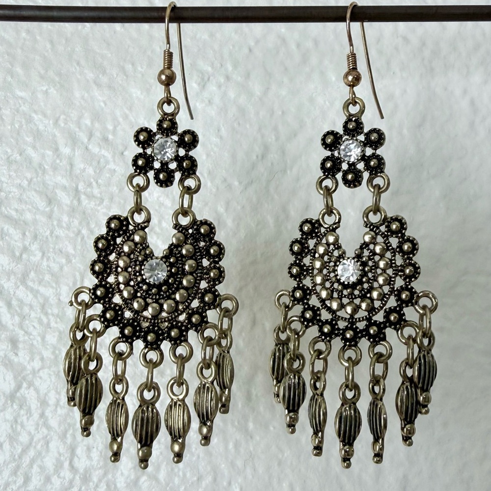 Vintage Antique Bronze Chandelier Earrings-Rhinestones & Teardrop Dangles
